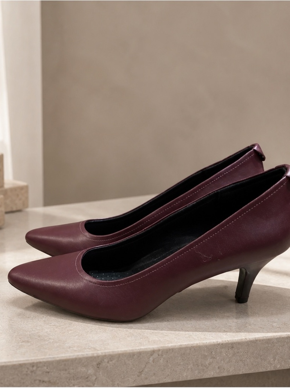 Pointed-Toe Low Heel Pumps in Deep Burgundy